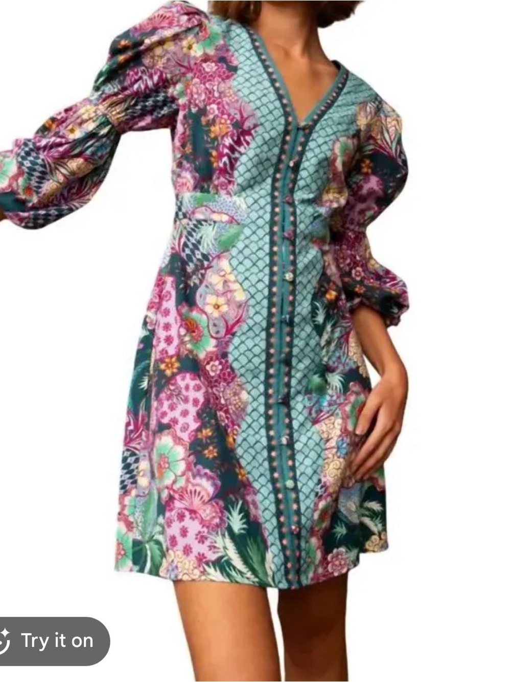 Boho Floral V-Neck Mini Dress in Teal and Pink